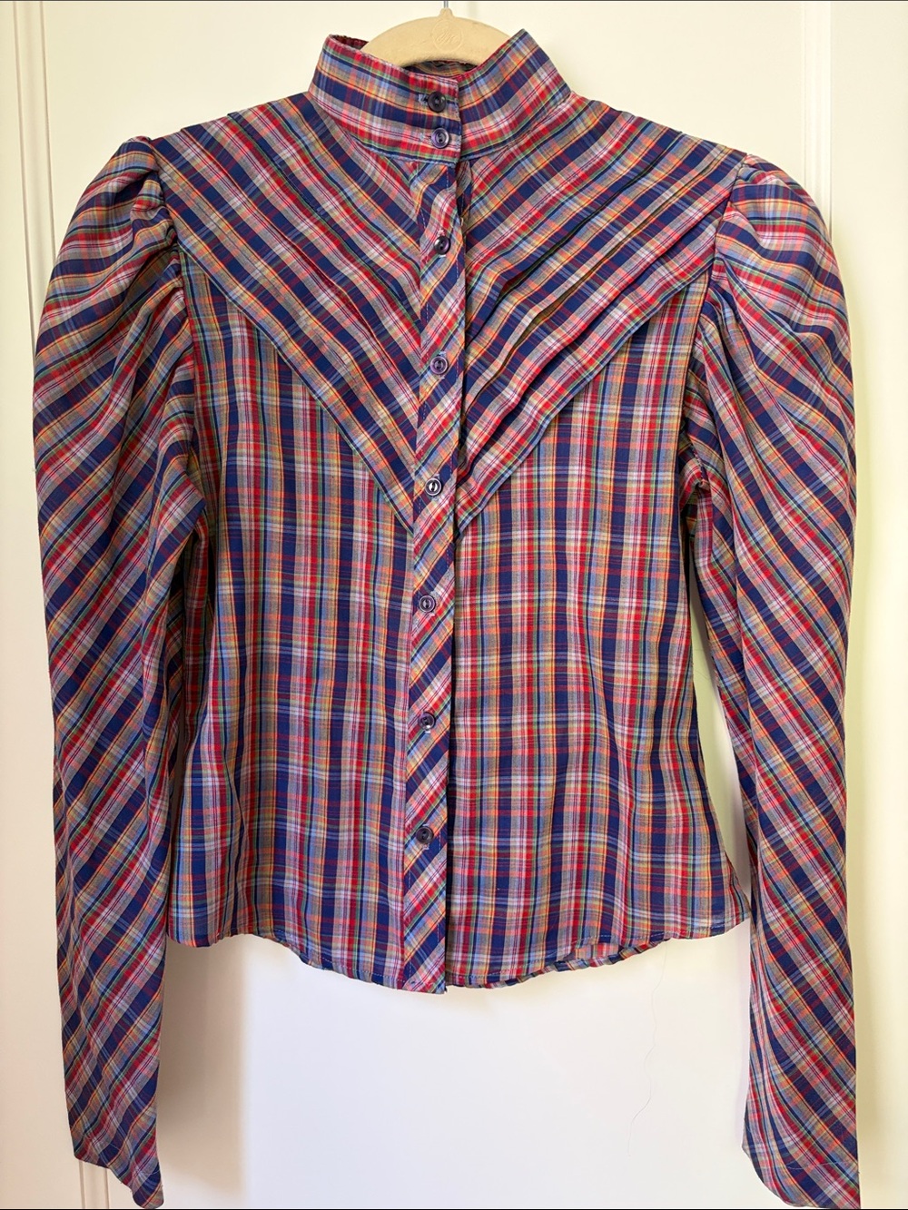 Vintage 1970s 1980s Plaid Blouse High Neck Puff Sleeve Yoke Victorian XS